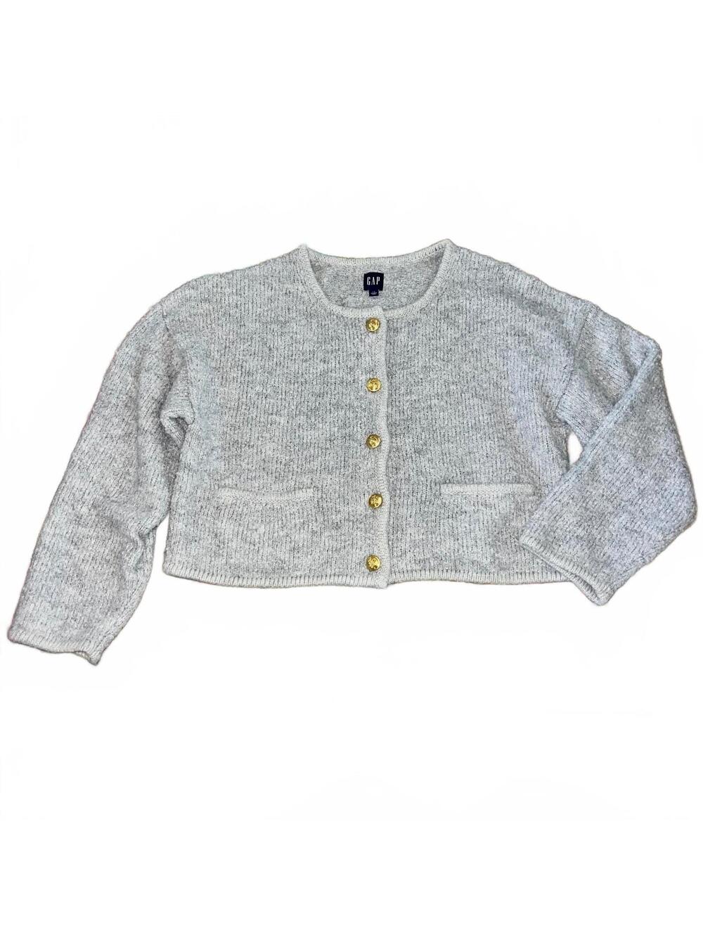 GAP Cropped Cardigan Sweater L Boulce Light Gray Wool Blend Gold Buttons - Picture 2 of 9